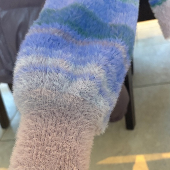 Sunday Best Fuzzy Striped V-Neck Sweater - Blue, Green, and Purple - Picture 2 of 6